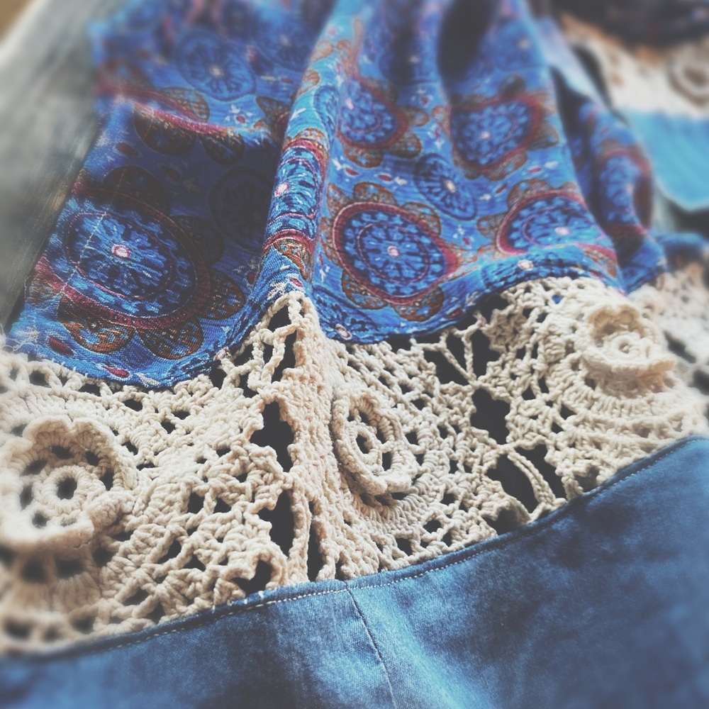 OOAK Artisan Denim Flair Raw Hem Wrap - 134” Long Aztec Medallion Scarf - Picture 8 of 16